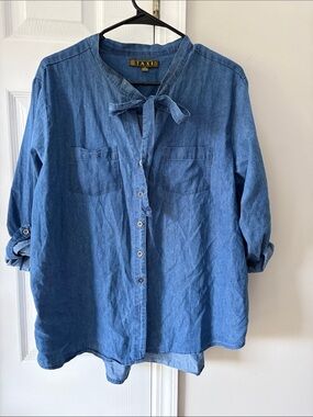 TAXI Denim Tie-Neck Button-Up Blouse - Blue
